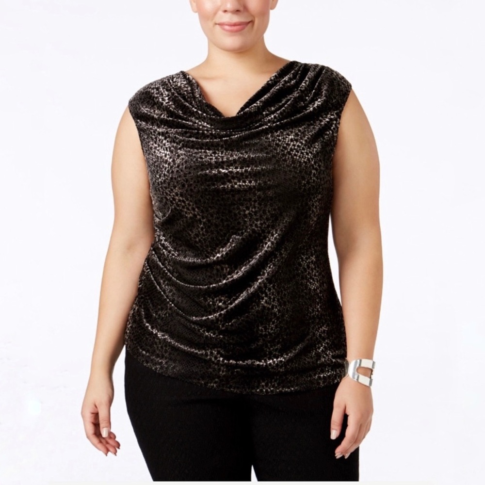 Calvin Klein Cowl Neck Cap Sleeves Velvet Animal Print Top